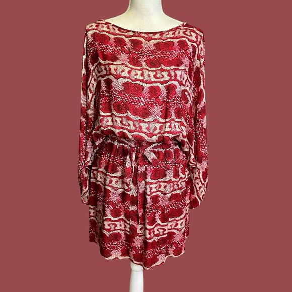 Parker 100% Silk Red Python Snakeskin Print Blouson Sleeve Belted Mini Dress M - Picture 1 of 14
